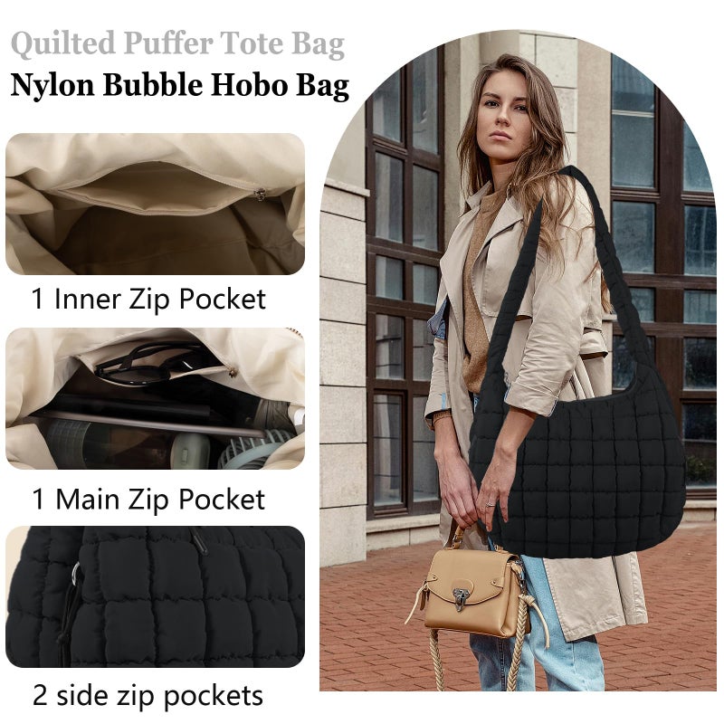 Iqimott Quilted Puffer Tote Shoulder Bag with Zipper, Nylon Bubble Hobo Travel Top Handle Handbag for Women, Oversized Padding Quilted Bag Soft Large Carryall (Black) - Image 4