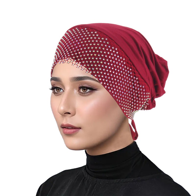 New Modal Cotton Stretch Solid Color Mesh Diamond Splicing Drawstring Strap Casual Turban Hat Baotou Hat Bottoming Hat - Image 5
