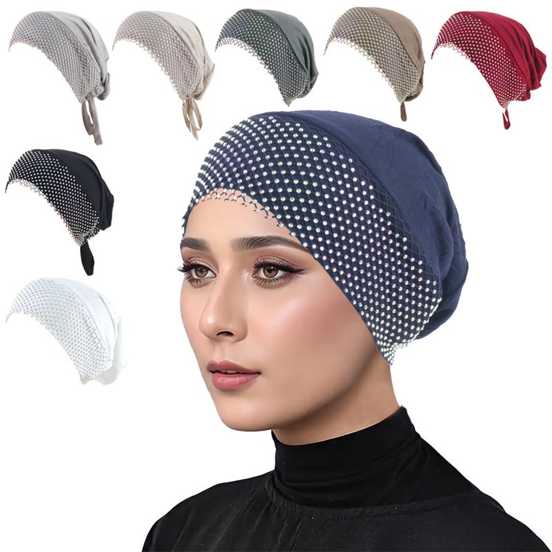 New Modal Cotton Stretch Solid Color Mesh Diamond Splicing Drawstring Strap Casual Turban Hat Baotou Hat Bottoming Hat - Image 2