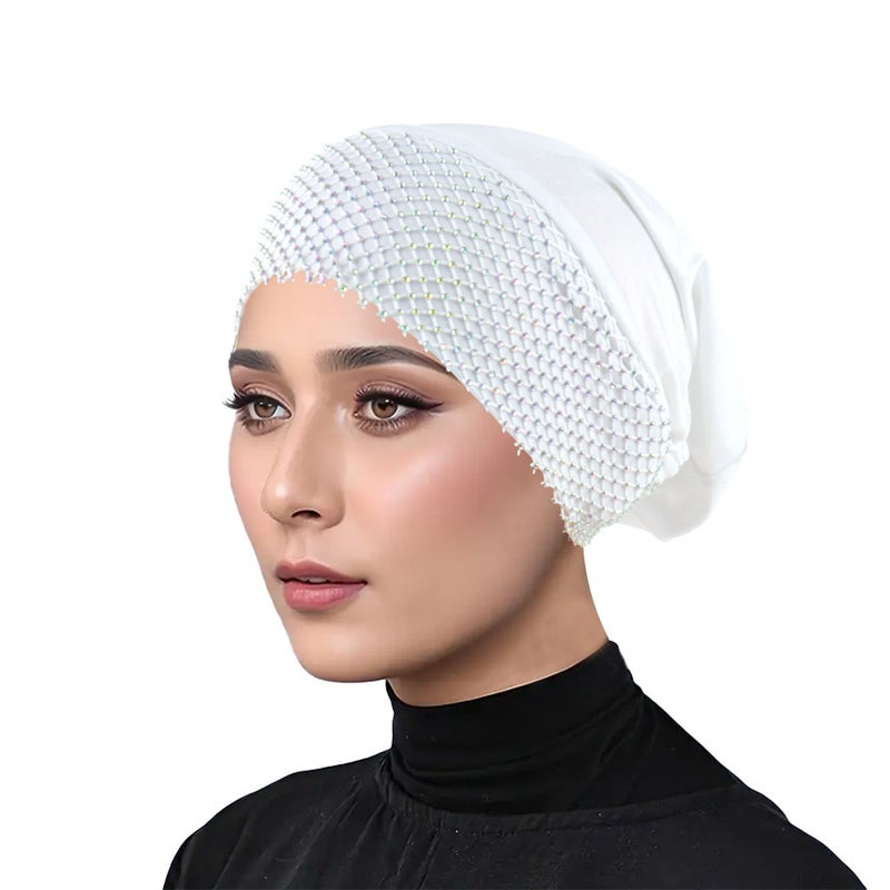 New Modal Cotton Stretch Solid Color Mesh Diamond Splicing Drawstring Strap Casual Turban Hat Baotou Hat Bottoming Hat - Image 3