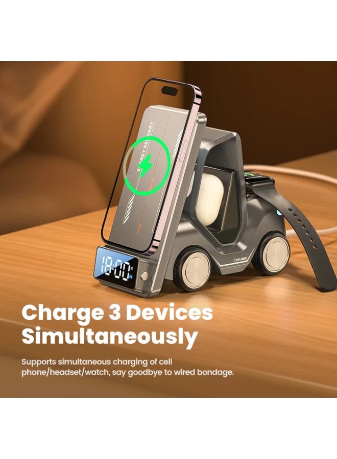 وايرلس محطة شحن لاسلكية 3 في 1 مع ساعة منبه رقمية - شاحن سريع وساعات ذكية - منظم مكتب أنيق وديكور مكتبي - Image 1