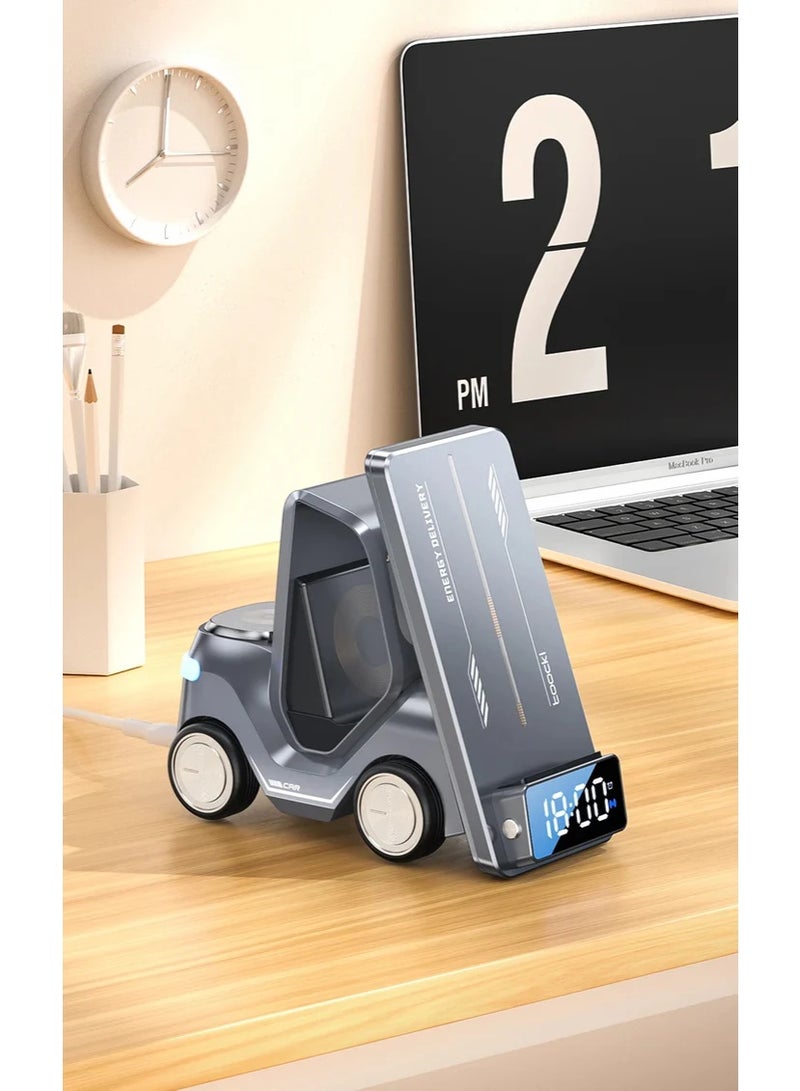 وايرلس محطة شحن لاسلكية 3 في 1 مع ساعة منبه رقمية - شاحن سريع وساعات ذكية - منظم مكتب أنيق وديكور مكتبي - Image 4