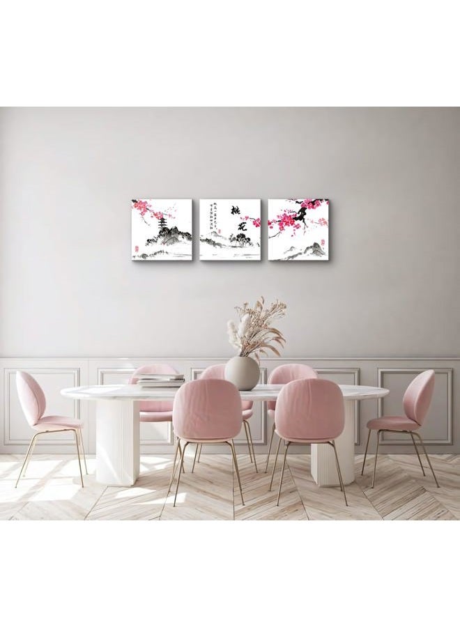 NAN Wind Small Size Traditional Chinese Painting of Peach Blossom Canvas Prints 3 Panels Calligraphy Art Paintings Wall Art Poem Print Painting Framed 16x16inches 3pcs/set - Image 3