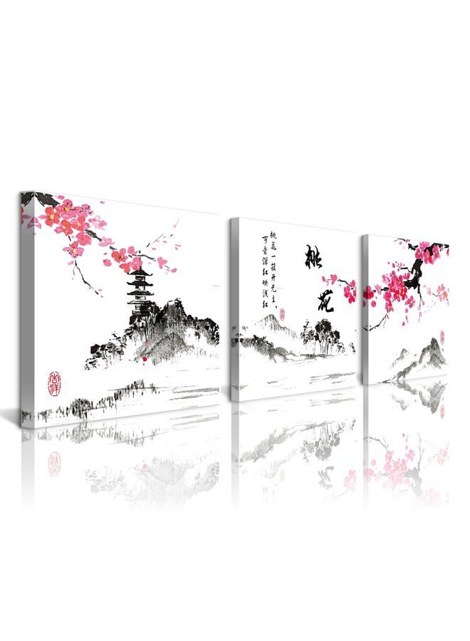 NAN Wind Small Size Traditional Chinese Painting of Peach Blossom Canvas Prints 3 Panels Calligraphy Art Paintings Wall Art Poem Print Painting Framed 16x16inches 3pcs/set - Image 1