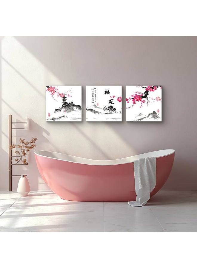 NAN Wind Small Size Traditional Chinese Painting of Peach Blossom Canvas Prints 3 Panels Calligraphy Art Paintings Wall Art Poem Print Painting Framed 16x16inches 3pcs/set - Image 5