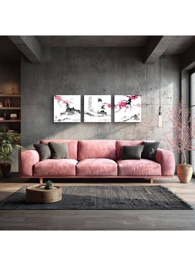NAN Wind Small Size Traditional Chinese Painting of Peach Blossom Canvas Prints 3 Panels Calligraphy Art Paintings Wall Art Poem Print Painting Framed 16x16inches 3pcs/set - Image 4