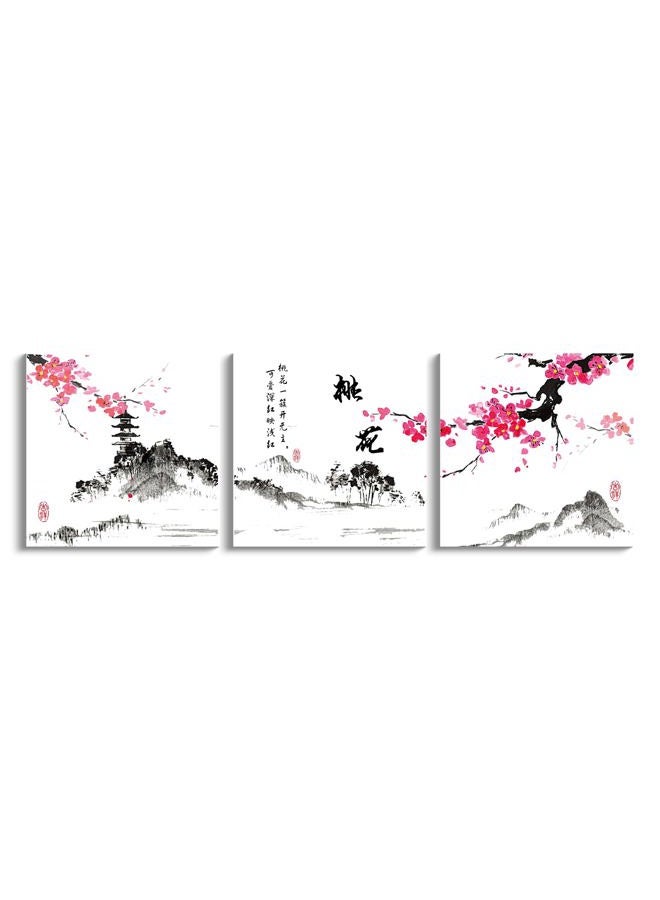 NAN Wind Small Size Traditional Chinese Painting of Peach Blossom Canvas Prints 3 Panels Calligraphy Art Paintings Wall Art Poem Print Painting Framed 16x16inches 3pcs/set - Image 2