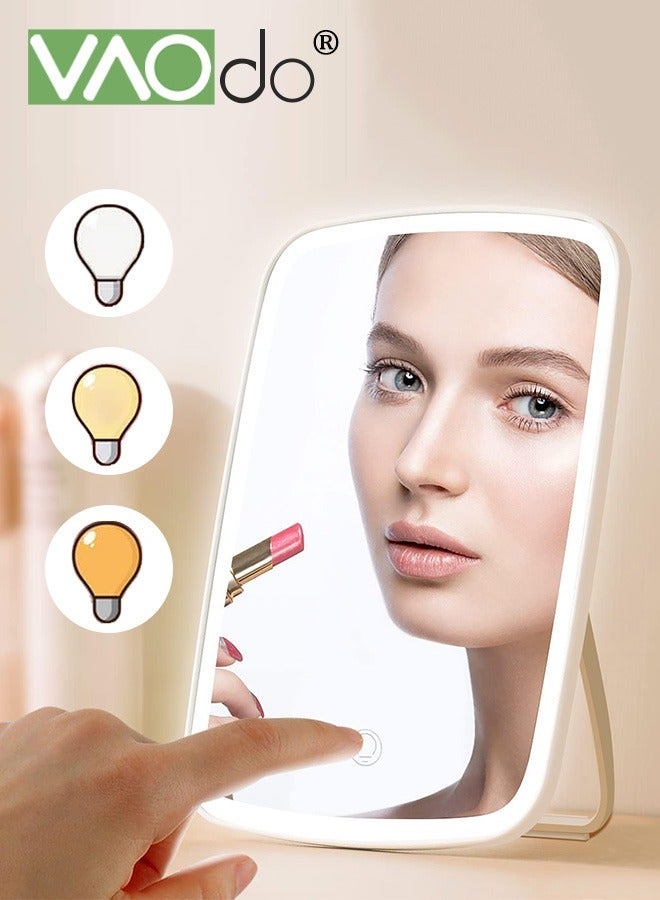 فاو دو مرآة مكياج محمولة مع إضاءة 3 ألوان، مرآة مكياج LED قابلة لإعادة الشحن عبر USB، مرآة سطح طاولة تعمل باللمس قابلة للتعديل، زاوية قابلة للتعديل وسطوع للسفر والمنزل - أبيض - Image 2