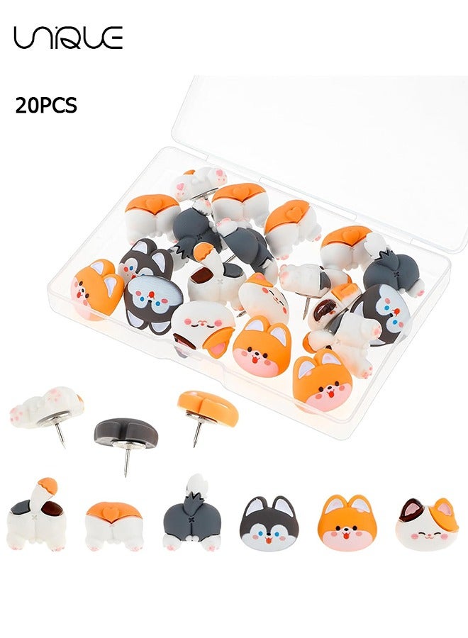 يونيك 20 قطعة دبابيس دفع لطيفة ، ديكور لطيف الإبهام المسامير القط نشرة المجلس دبابيس 6 أنماط مضحك الفلين المجلس الملحقات مع صندوق تخزين للوحة الفلين صورة خريطة الحائط ديكور المكتب المنزلي - Image 1