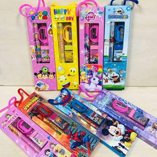 Tusmad Birthday Party Return Gifts – Mix Stationery Kit for Kids (Pack of 12) – Fancy Printed Ruler, 2 Pencils, Sharpener & Eraser Set in Charming Gift Box Multicolor - Image 2