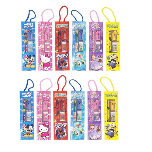 Tusmad Birthday Party Return Gifts – Mix Stationery Kit for Kids (Pack of 12) – Fancy Printed Ruler, 2 Pencils, Sharpener & Eraser Set in Charming Gift Box Multicolor - Image 1
