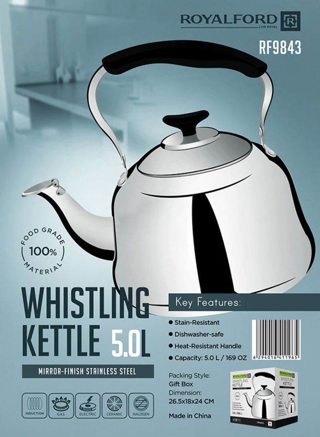 Royalford Stainless Steel Whistling Kettle Silver 5Liters - Image 2