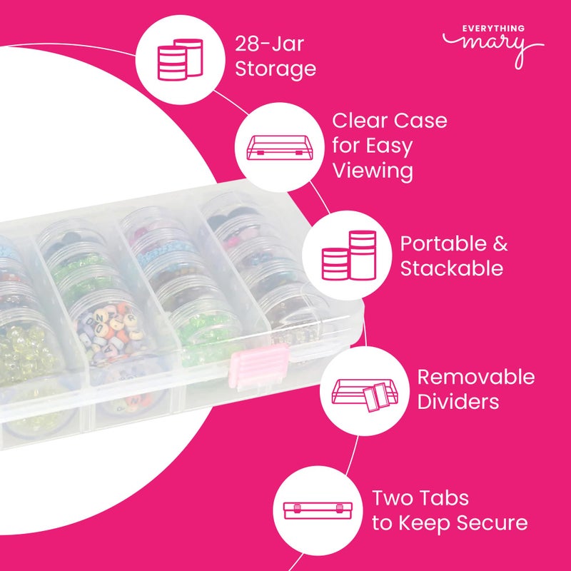 Everything Mary 28-Jar Bead Storage Organizer â€“ Large Clear Case for Diamond Painting, Jewelry & Craft Beads â€“ Durable Plastic Box with Screw-Top Jars for Diamond Art & Small Supplies - Image 4