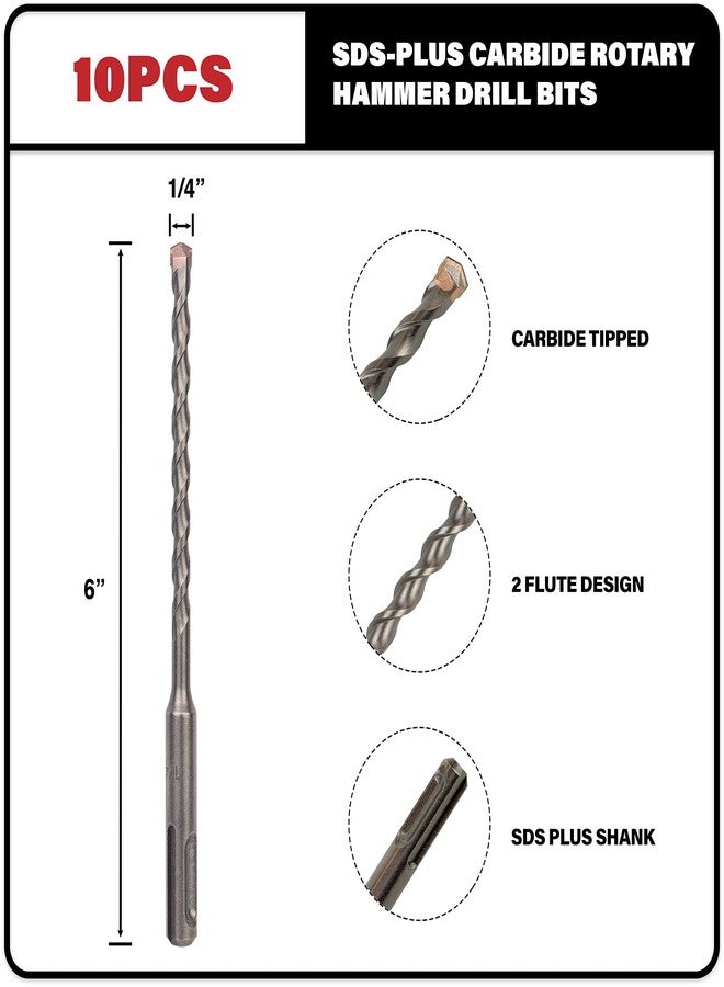 Sabre Tools 10-Pack 1/4 Inch x 6 Inch SDS Plus Rotary Hammer Drill Bits, Carbide Tipped for Brick, Stone and Concrete (1/4” x 4" x 6") - Image 2