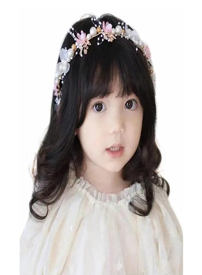 EvoNest Pearl & Rhinestones Embellished Floral Applique Detailed Tiara Style Hair Band With Attached Ribbons for 16yr Girls | Cute Look Headband Hair Accessories for Girls - White & Pink - Image 1