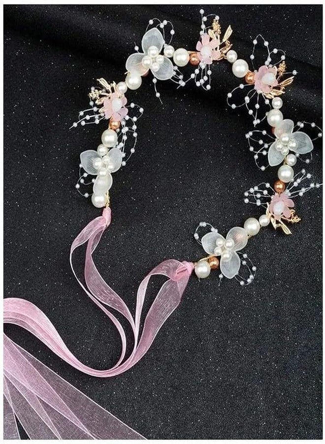 EvoNest Pearl & Rhinestones Embellished Floral Applique Detailed Tiara Style Hair Band With Attached Ribbons for 16yr Girls | Cute Look Headband Hair Accessories for Girls - White & Pink - Image 3