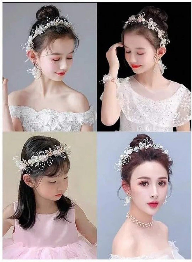 EvoNest Pearl & Rhinestones Embellished Floral Applique Detailed Tiara Style Hair Band With Attached Ribbons for 16yr Girls | Cute Look Headband Hair Accessories for Girls - White & Pink - Image 5
