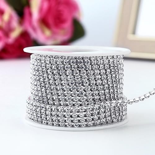 Towenm 1 Roll 10 Yards Rhinestone Chain, 3mm Crystal Rhinestones Close Chain Roll, Sew on Crystal Rhinstone Chain Trim, Crystal Claw Cup Chain (Silver Base + Clear Rhinestones, SS12 / 3mm) - Image 2