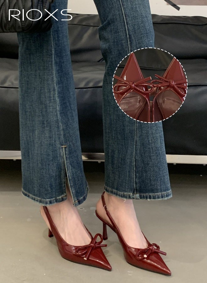 RIOXS Women's Slingback Heels, Fashion Stiletto Heel Pumps Sandals with Bow Detail, Thin Heel Dress Shoes, Closed Pointed Toe Sandals, Ladies Strap Dressy Sandals, Comfort Heeled Sandals, Wine Red Summer Party Shoes - Image 5