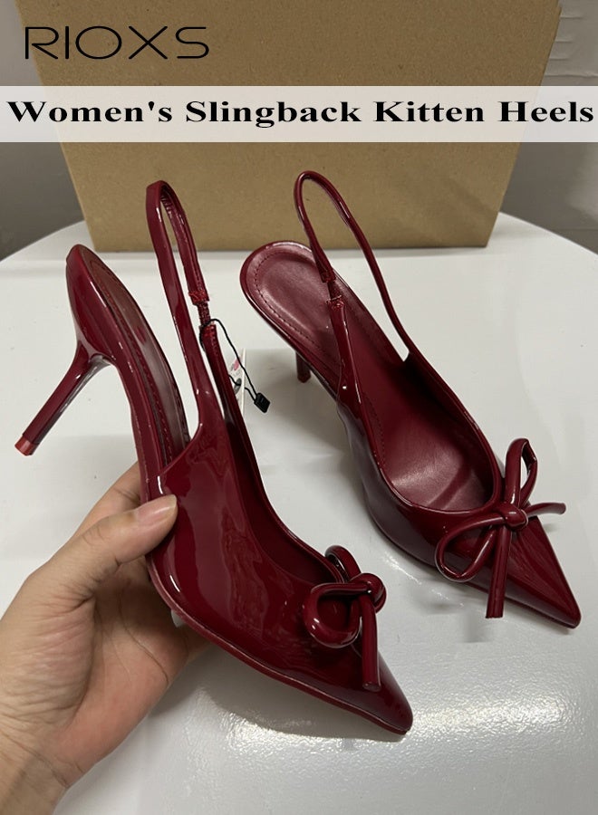 RIOXS Women's Slingback Heels, Fashion Stiletto Heel Pumps Sandals with Bow Detail, Thin Heel Dress Shoes, Closed Pointed Toe Sandals, Ladies Strap Dressy Sandals, Comfort Heeled Sandals, Wine Red Summer Party Shoes - Image 3