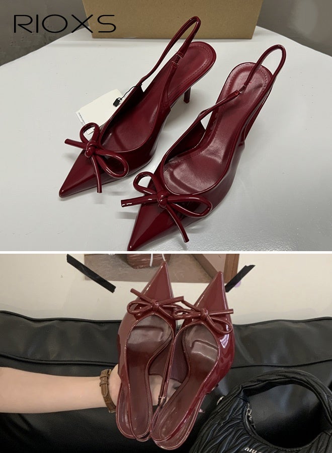 RIOXS Women's Slingback Heels, Fashion Stiletto Heel Pumps Sandals with Bow Detail, Thin Heel Dress Shoes, Closed Pointed Toe Sandals, Ladies Strap Dressy Sandals, Comfort Heeled Sandals, Wine Red Summer Party Shoes - Image 4