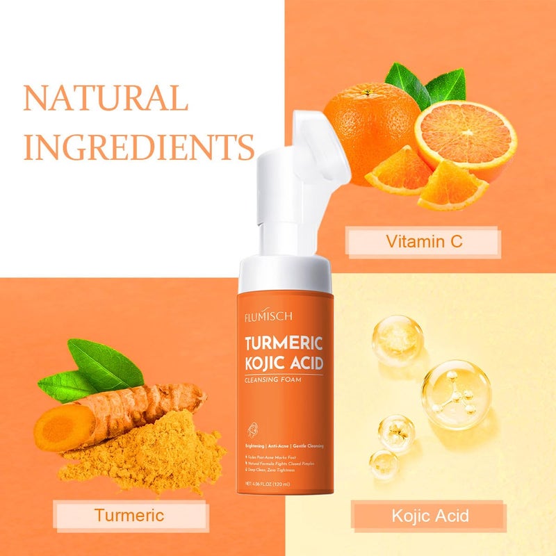 FluMisch Turmeric Kojic Acid Facial Cleanser, Brightening Foaming Face Wash with Soft Massage Heads, Kojic Acid Cleanser Exfoliating, Turmeric Cleansing for Dark Spots 4.23 oz - Image 4