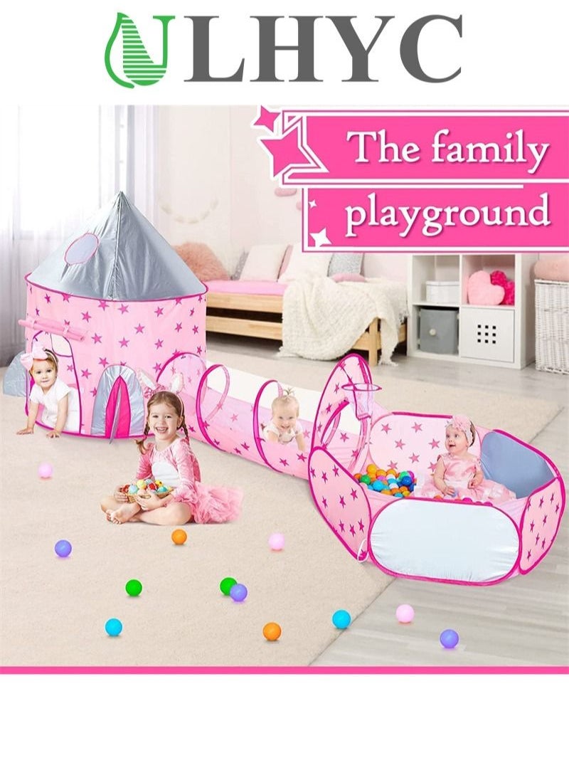 ULHYC 3Pcs Rocket Ship Kids Play Tent, Tunnel & Ball Pit with Basketball Hoop Toys for Boys, Girls and Toddlers - Indoor/Outdoor Use Pop Up Rocket Tent (pink)  - Image 2