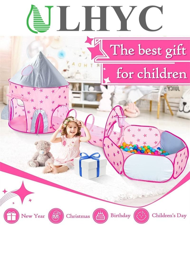 ULHYC 3Pcs Rocket Ship Kids Play Tent, Tunnel & Ball Pit with Basketball Hoop Toys for Boys, Girls and Toddlers - Indoor/Outdoor Use Pop Up Rocket Tent (pink)  - Image 3