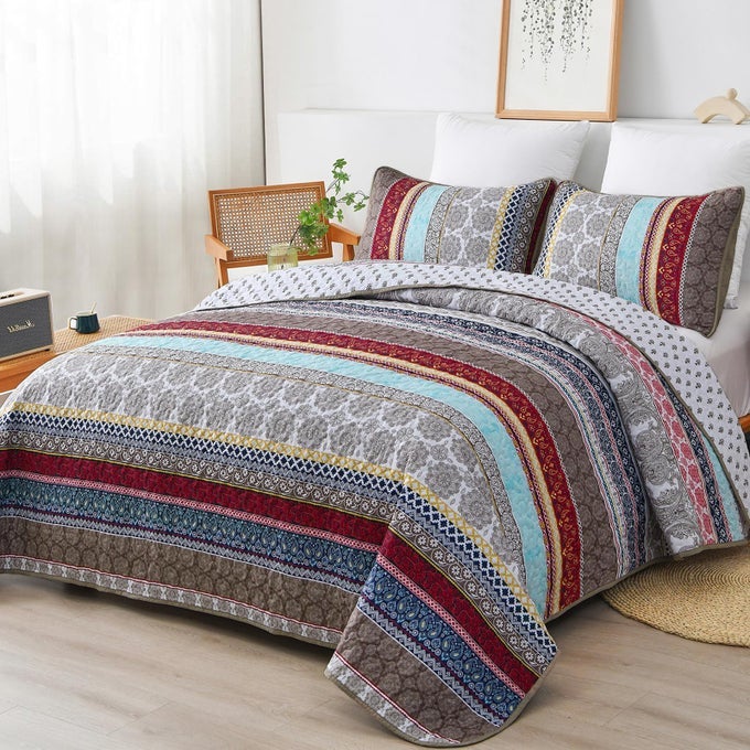BOHO QUILT SET QUEEN SIZE BROWN BOHEMIAN 3 PIECES QUILT BEDDING SETS LIGHTWEIGHT MICROFIBER BEDSPREAD COVERLET SET FOR ALL SEASON 96X90