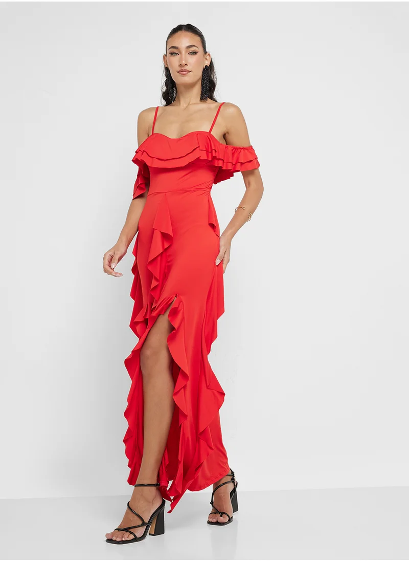 جينجر Cold Shoulder Frill Detaill Dress With Slit