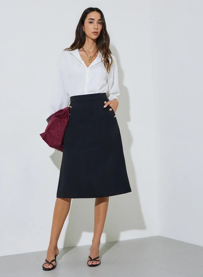 ستايلي Black A-Line Midi Skirt With Button Detail