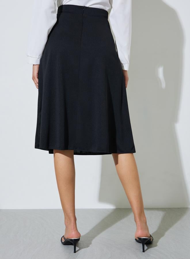 Styli Black A-Line Midi Skirt with Button Detail - Image 4