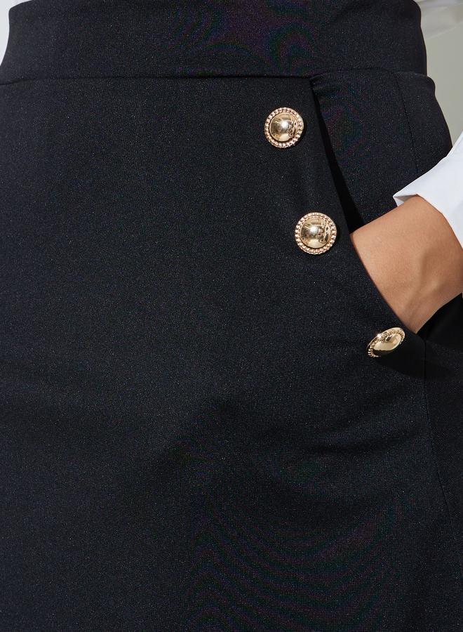 Styli Black A-Line Midi Skirt with Button Detail - Image 3