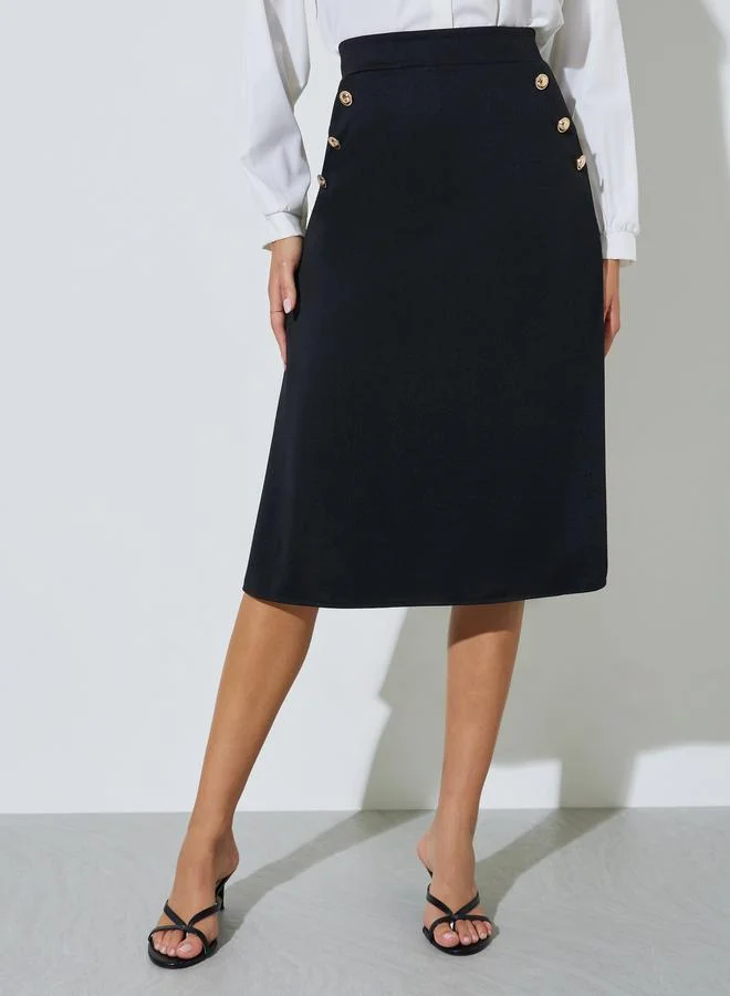 ستايلي Black A-Line Midi Skirt With Button Detail
