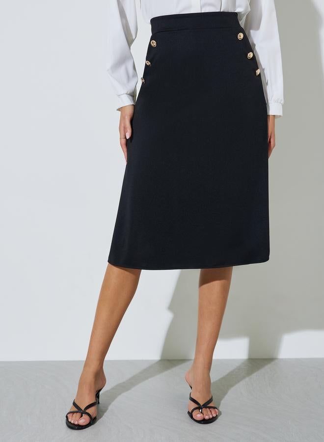 Styli Black A-Line Midi Skirt with Button Detail - Image 2