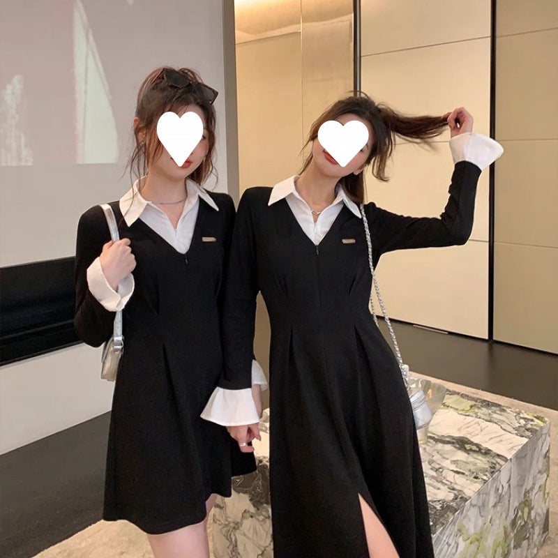 French Stitching New Slimming Niche Design Sense Shirt Collar Small Black Dress Elegant Best Friend Dress Women - Image 4