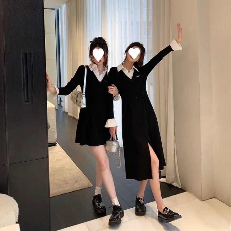 French Stitching New Slimming Niche Design Sense Shirt Collar Small Black Dress Elegant Best Friend Dress Women - Image 1