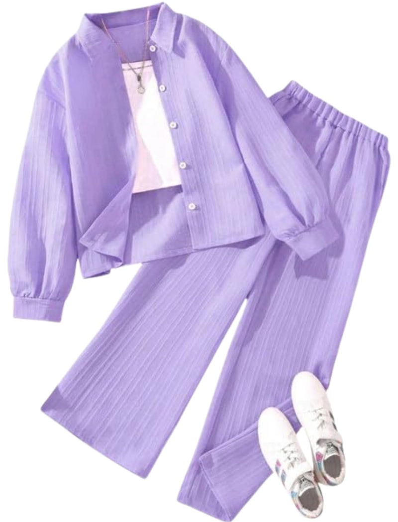 Niren Enterprise Girls' 2-Piece Co-Ord Purple Shirt & Pants, Soft Fabric, Casual Wear, Relaxed Fit for Kids Set - Image 1