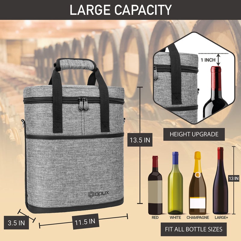 OPUX 3 Bottle Wine Carrier Tote, Insulated Leakproof Wine Cooler Bag, Wine Travel Bag Tote for Picnic BYOB Beach, Portable Wine Bottle Carrying Case, Gift for Wine Lover Women Men Christmas, Grey - Image 3