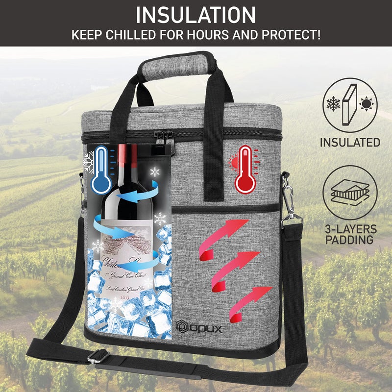 OPUX 3 Bottle Wine Carrier Tote, Insulated Leakproof Wine Cooler Bag, Wine Travel Bag Tote for Picnic BYOB Beach, Portable Wine Bottle Carrying Case, Gift for Wine Lover Women Men Christmas, Grey - Image 2