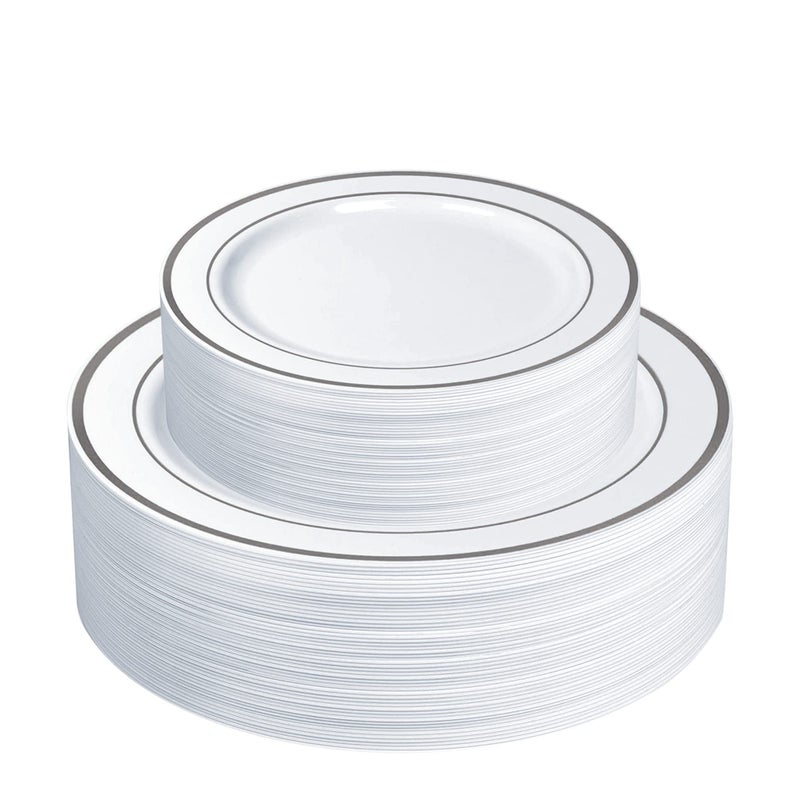 SETUP 60 Piece Combo Silver Trim Plastic Plates  Premium HeavyDuty 30 Disposable 1025 Dinner Party Plates and 30 Disposable 75 Salad Plates