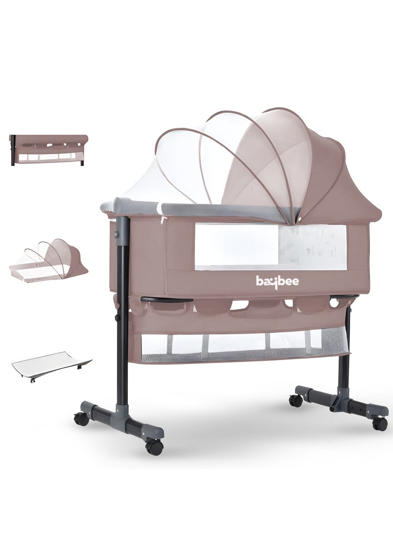 BAYBEE Premium Baby Bedside Crib Cradle With Height Adjustable Baby Bed with Mattress, Baby Cradle Foldable Bassinet Sleeper Detachable Mosquito Net, Portable Travel Baby Crib for Infant/Newborn-(Beige) - Image 1