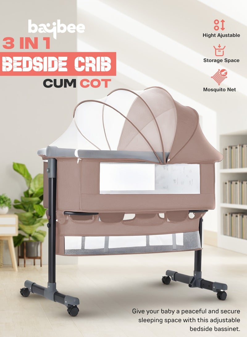 BAYBEE Premium Baby Bedside Crib Cradle With Height Adjustable Baby Bed with Mattress, Baby Cradle Foldable Bassinet Sleeper Detachable Mosquito Net, Portable Travel Baby Crib for Infant/Newborn-(Beige) - Image 3