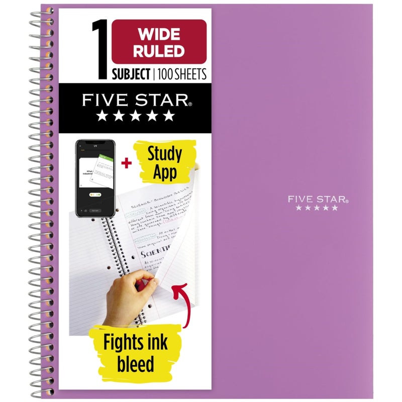 Five Star Spiral Notebook Plus Study App, 1 Subject, Wide Ruled Paper, 100 Sheets, 8" x 10-1/2", Amethyst Purple (72351) - Image 1
