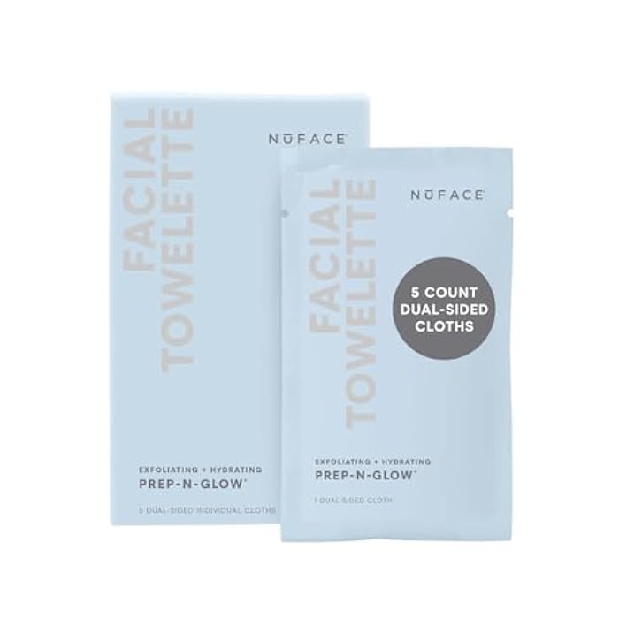 NuFACE Prep-N-Glow Facial Towelettes - 2-in-1 Exfoliating + Cleansing Makeup Remover Wipes, Hyaluronic Acid Travel Face Wipes to Hydrate & Brighten for Glowing Skin - 5 Individually Wrapped Cloths - Image 1