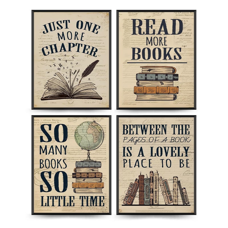 PLKMN Vintage Reading Posters for Library Bookish Gifts Book Club Decorations Party Decor Vintage Book Wall Art 8x10 Wall Decor for Reading Nook High School Classroom Set of 4 Unframed