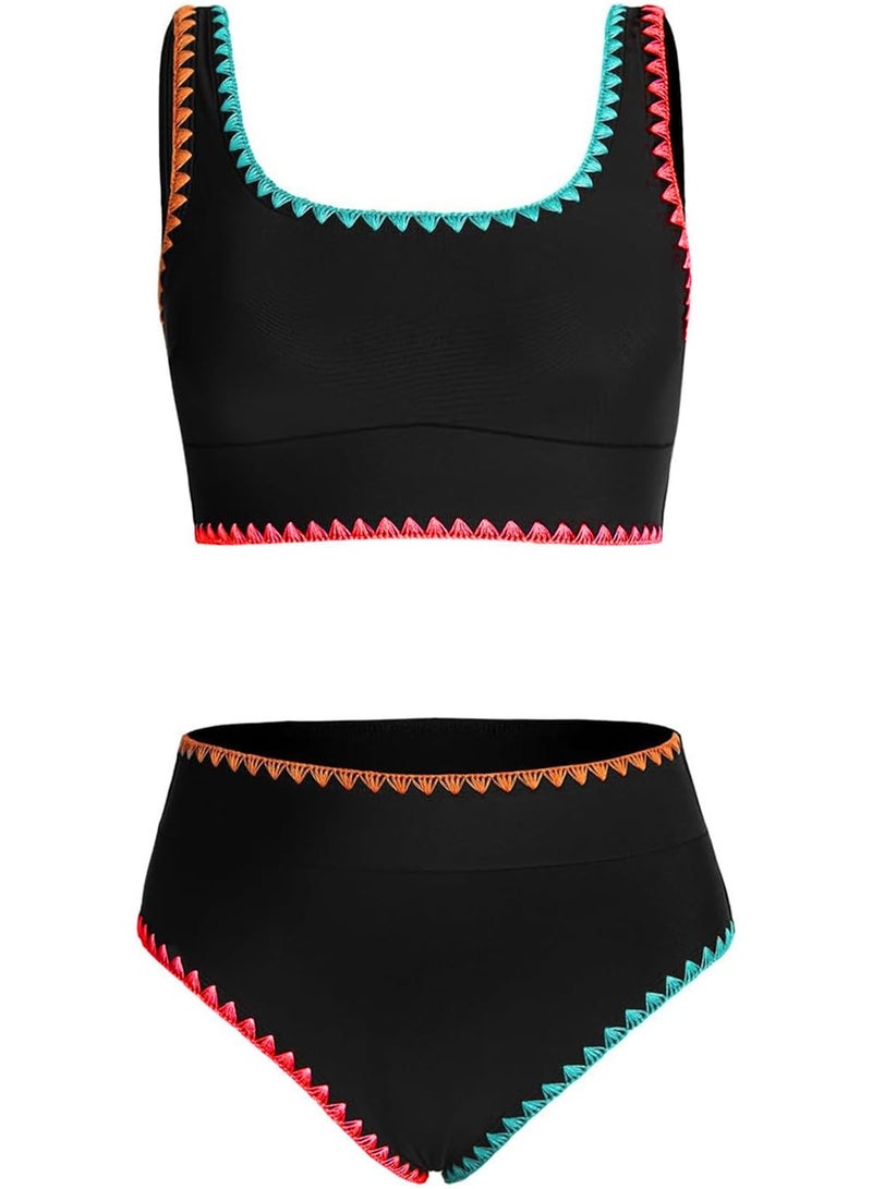 blibean Tween Girl Swimsuits Little Kids Girls Summer Swim Bathing Suits Teen Fashion Two Piece Bikini Boho Hawaii Swimwear Beach Sets Traje BaÃ±o NiÃ±as Size 10-11 Year Old Black - Image 1