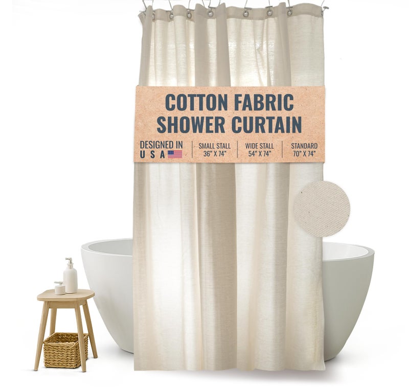Bean Products FABRIC SHOWER CURTAIN LINER - Standard Stall Size - A Stylish Quality Bathroom Drape - Earth Friendly, Non-Toxic + Odor-Free Cotton Liner - Light-Weight Washable Natural Shower Curtain - 36x74 NC - Image 1