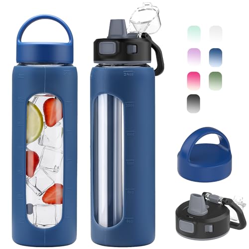 Kodrine 24oz Glass Water Bottle With Straw-2 lids-Reusable Daily Water Intake Glass Bottle with Measurements,Silicone Sleeve, Time Marker, Cupholder Friendly for Home,Gym,Sports-Blue - Image 1