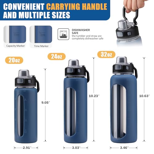 Kodrine 24oz Glass Water Bottle With Straw-2 lids-Reusable Daily Water Intake Glass Bottle with Measurements,Silicone Sleeve, Time Marker, Cupholder Friendly for Home,Gym,Sports-Blue - Image 3